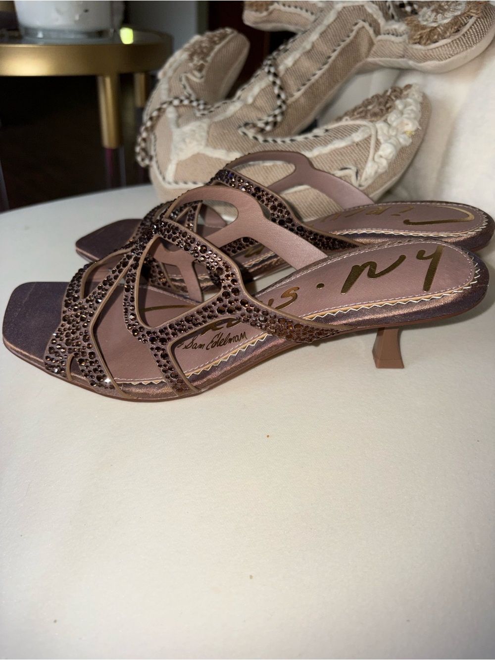 Circus by Sam Edelman Brown Embellished Kitten Heel Slide Sandals